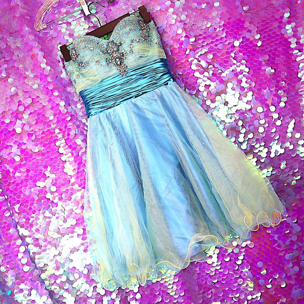 Y2K MINI FORMAL DRESS 0  *FLAWED* Ally's Aqua Blue Butter Yellow Homecoming Prom